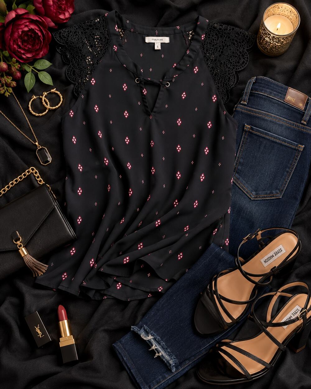 Maurices Black Lace Shoulder Sleeveless Blouse Small Pink Print Top